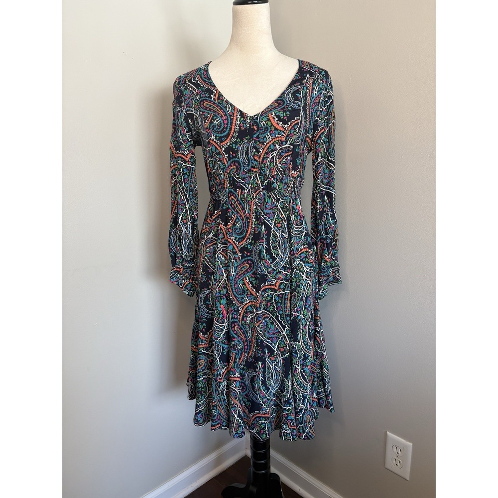 Anthropologie Maeve Maplewood Neon Paisley Long Sleeve Midi V-Neck Dress XS